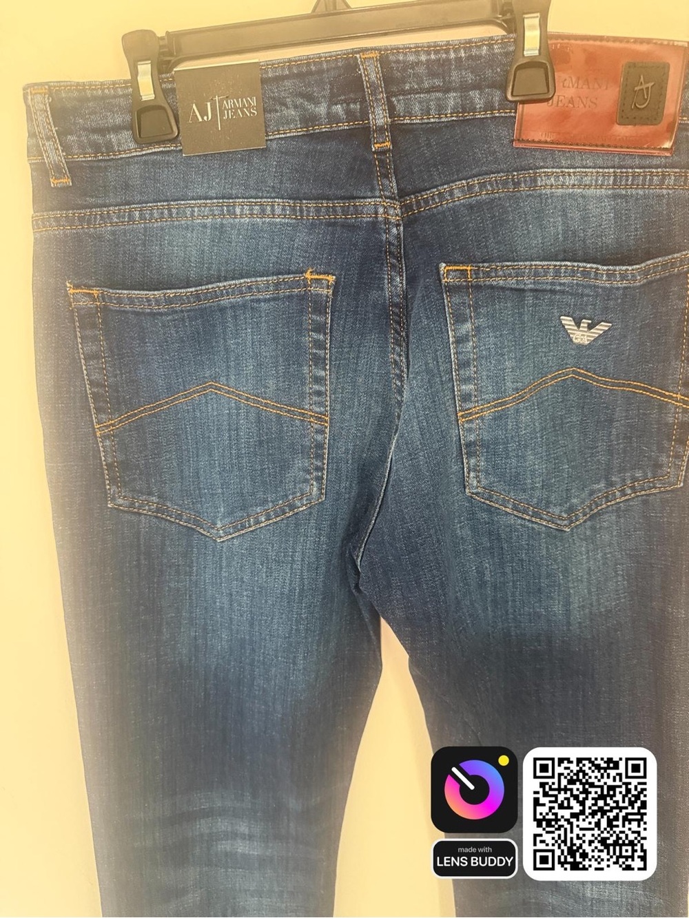 Armani Jeans Dark Blue Denim Jeans with Brown Leather Patch